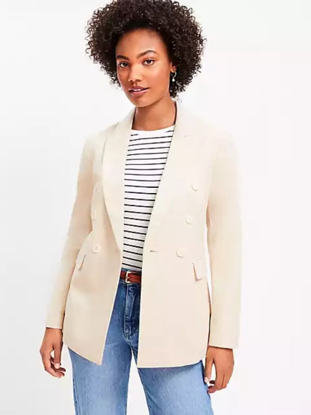 Loft Petite Faux Denim Double Breasted Cream Blazer